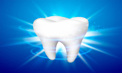 Illustration of a white dental tooth against a blue background, depicting an ozone therapy procedure.